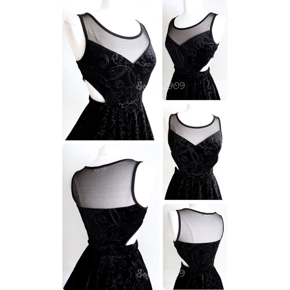 Black Velvet Mesh Inset Cutout Skater Party Dress - Picture 3 of 8